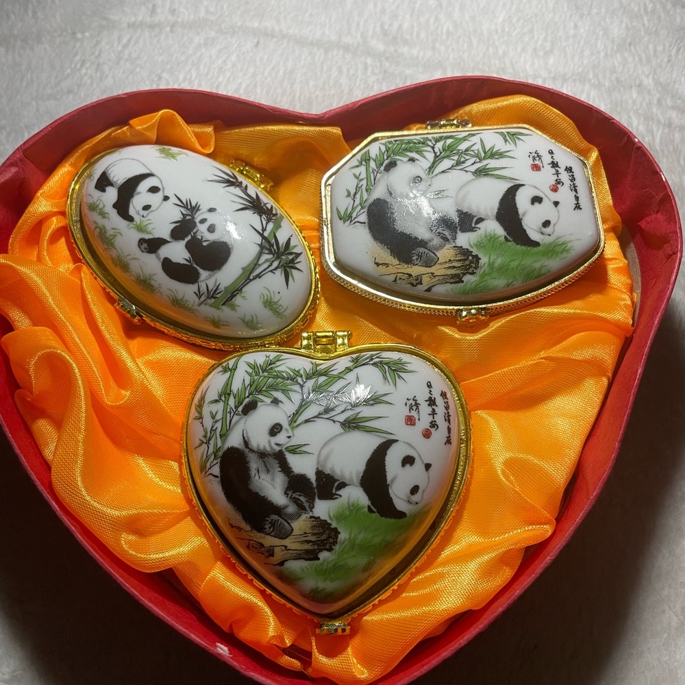 Ceramic Panda Trinket Boxes Set with Heart Shaped Box
